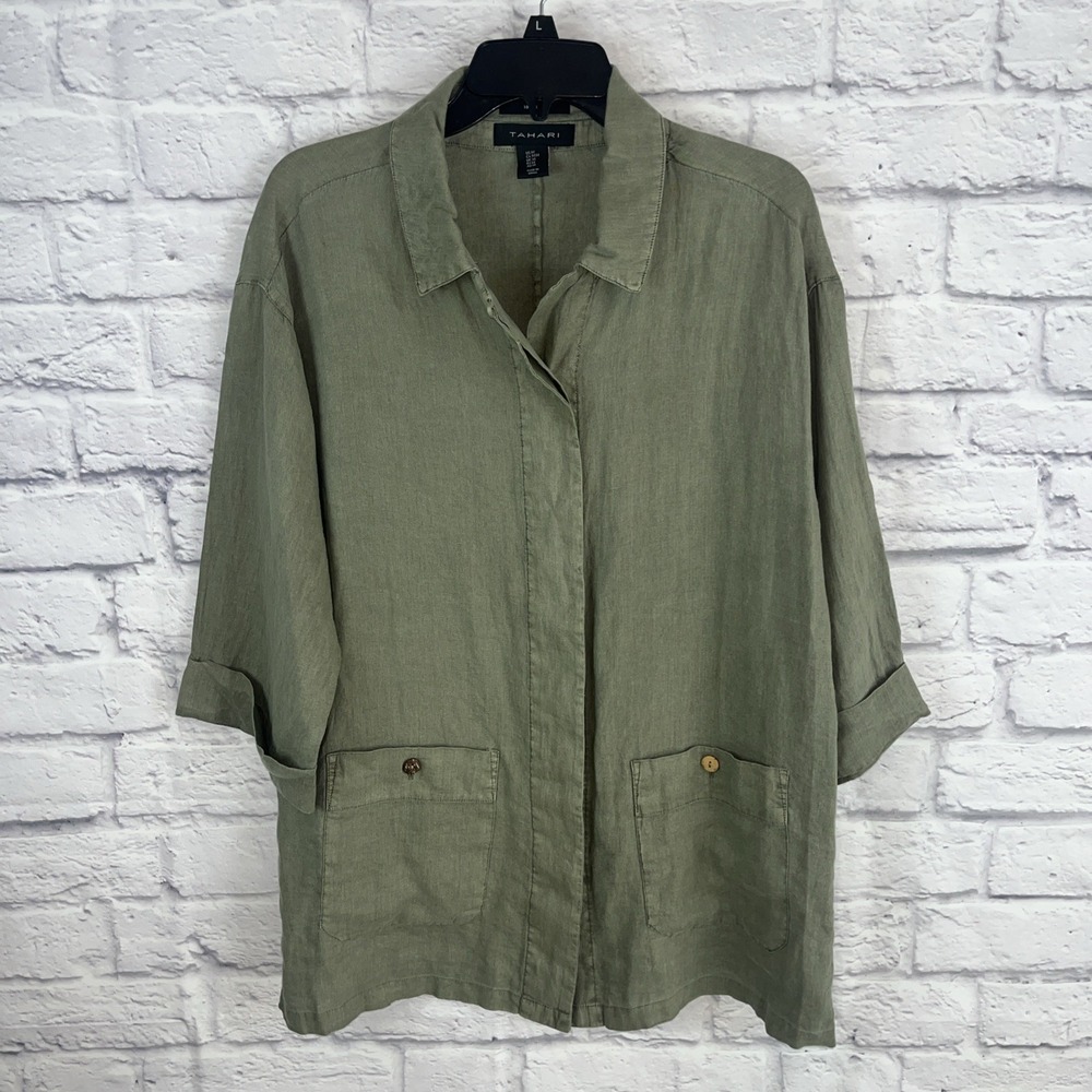 Tahari Women's 100% Linen Casual 3/4 Sleeve Lagenlook Tunic Blouse Size Medium